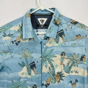 Vissla Shirt Mens Large Blue Hawaiian Tiki Print Short Sleeve Button Up Surf Top